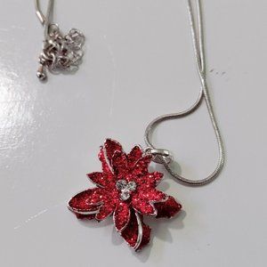 4/$20Red Glitter Poinsettia Pendant Choker Necklace Silver Snake Chain Christmas